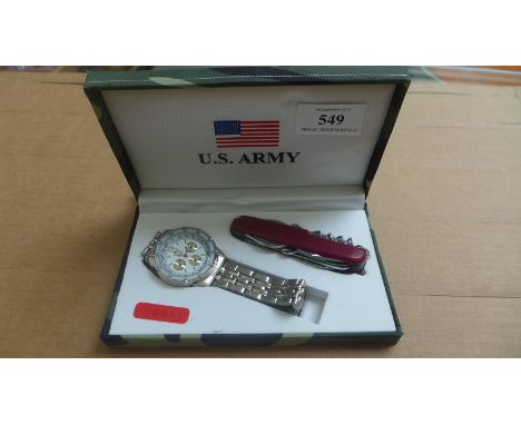 US Army wristwatch and pocket knife in presentation case