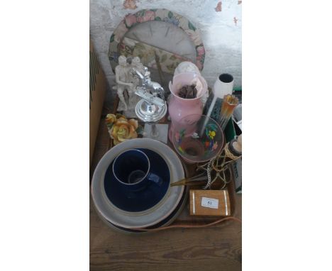 Tray of misc. including flower vases, circular wall clock and a figurine of a courting couple etc.