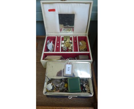 Cream jewellery box and contents and a leather and plated jewellery purse of costume jewellery including a boxed sterling sil