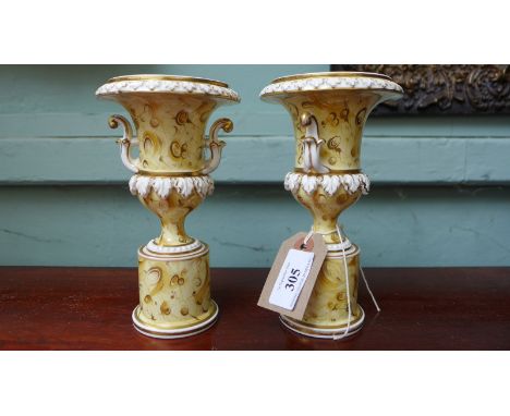 Pair of most decorative yellow ground Ridgeway urn shaped vases each appox (6" high)