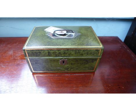 Light green leather jewellery box with inner tray and brass handle