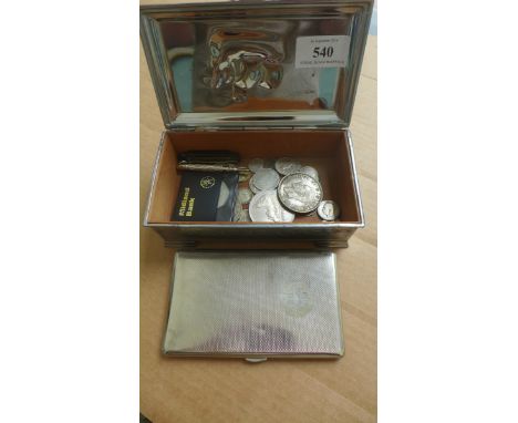 QE II Coronation silver plated cigarette case, jet brooch engraved 'Florrie', various silver coins, pencil lead case etc in m