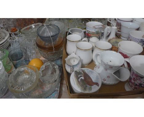 Tray of coloured and other glass and another of mixed bone china items