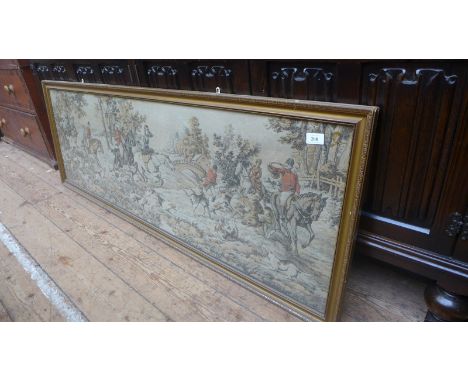 Gilt framed rectangular tapestry hunting scene (55" x 17 1/2")
