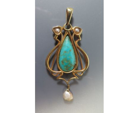 An Art Nouveau Gold Pearl and Turquoise Pendant, 55 mm drop, 6.1 g