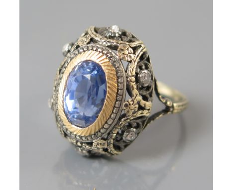 An Antique Emerald and Old Cut Diamond Ring, sapphire c. 4.16 ct, size K, 4.9 g