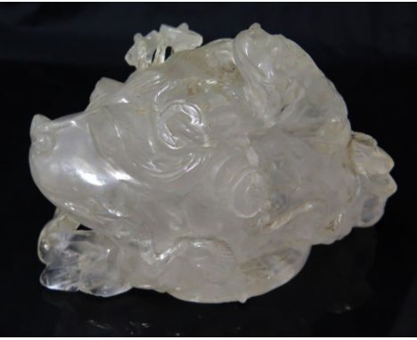 A Chinese Carved Rock Crystal Boulder decorated with toads, base 18 cm