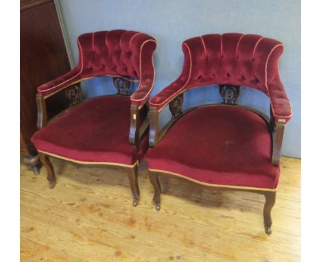 A Pair of Button Back Carved Red Walnut Tub Chairs