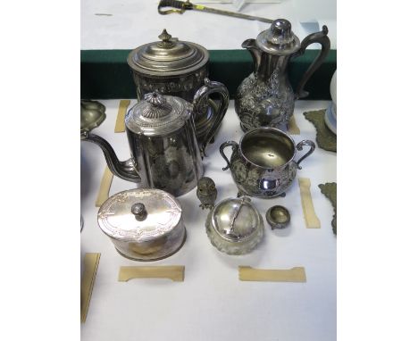 An Electroplate Silver Tea Caddy, Pair of Candlesticks and other plated ware