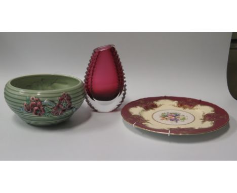 Clarice Cliff fruit Bowl, Studio Cranberry Glass Vase and Royal Worcester Plate