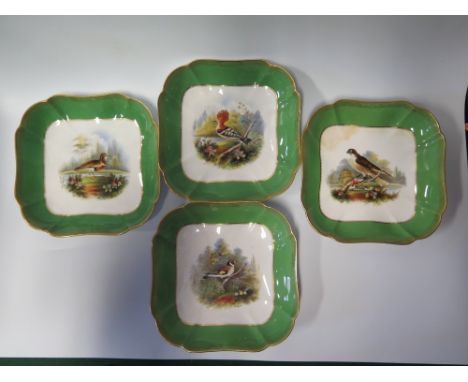 A Set of Four Spode Square Shallow Dishes painted with birds, signed W. Eccles, 22.5 cm