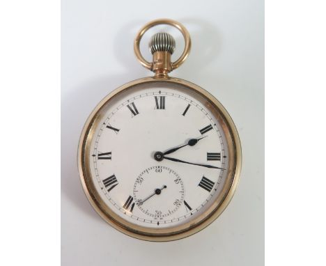 A 9ct Gold Cased Open Dial Keyless Pocket Watch with Swiss made 17 jewel movement marked RS with trident and numbered 245252,