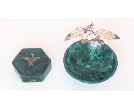 A Russian malachite pot mounted with a silver duck with other Russian silver malachite dish, together with Wilhelm Kage for G