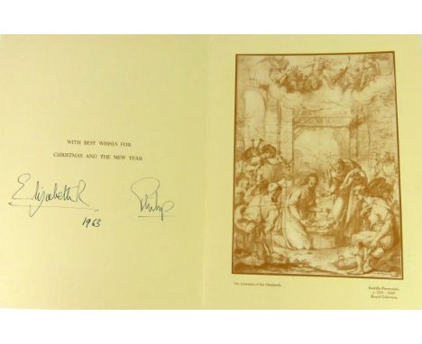 A signed Her Majesty Queen Elizabeth II and Prince Phillip Christmas card, dated 1963
The buff Christmas card with the monogr