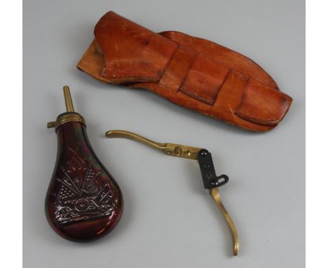 Powder flask, leather pistol holster &amp; bullet press