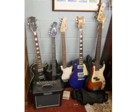 Collection of six electric guitars together with amp &amp; metronome