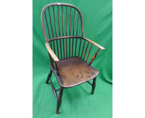 Antique elm seated stick back armchair