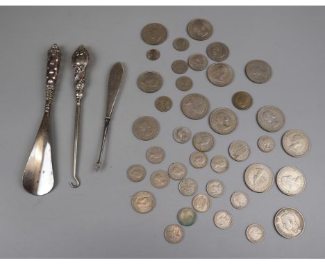 Collection of coins &amp; silver handled shoe horn &amp; button hooks
