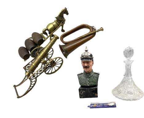 'Premier' copper and brass bugle, brass cannon and carriage, brass horse and cart with three wooden barrels, Composite bust o