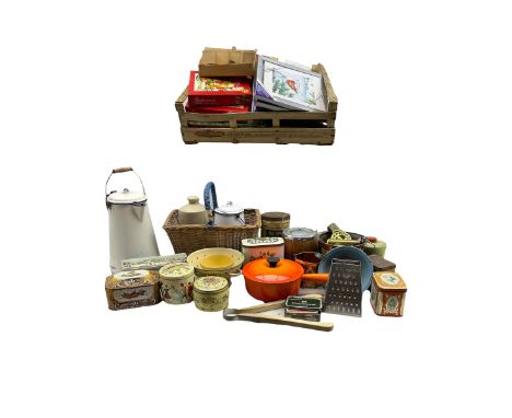 Le Creuset saucepan with lid, two enamelware jugs and other kitchenware; collection of vintage tins, quantity of greeting car