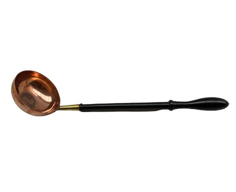 Ebonised wine ladle inset with George III penny, 1806, L33cm