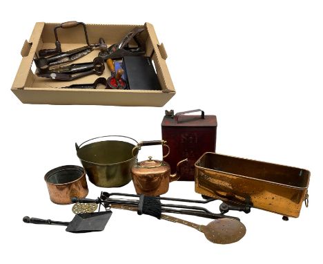 Brass jam pan, copper kettle, copper planter with claw feet, fire poker, brush and tongs, vintage tools including sheers etc 