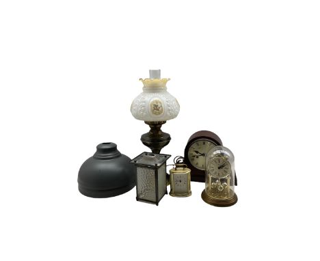 Victorian oil lamp, pair of metal pendant light shades, three clocks together with a pewter lantern (7)