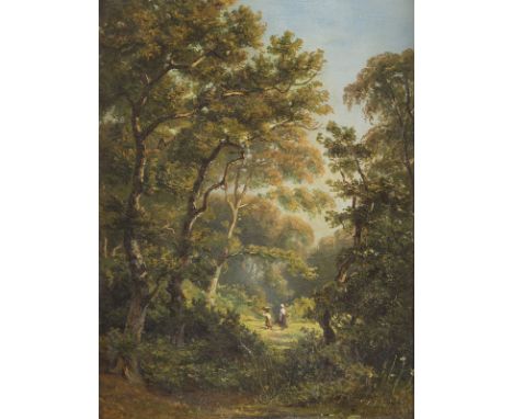 MALER DES 19. JAHRHUNDERTS,  DER MALER-FAMILIE KOEKKOEKREISIGSAMMLERINNEN IM SOMMERWALD Öl auf Holz. 27 x 20,5 cm (R. 40 x 34