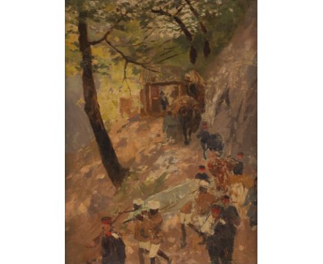 THEODOR ROCHOLL1854 Sachsenberg - 1933 DüsseldorfKavallerie im Gebirge Öl auf Leinwand, auf Holz gezogen. 43,5 x 30,5 cm (R. 