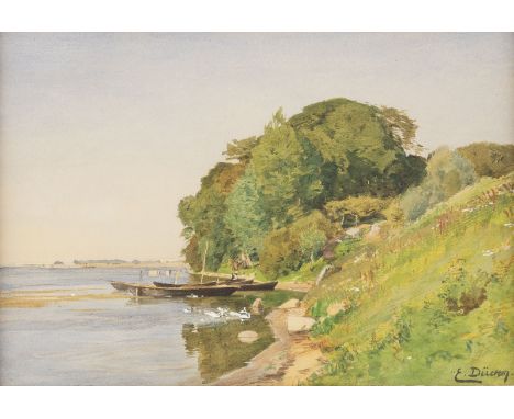 EUGEN GUSTAV DÜCKER1841 Ahrensburg - 1916 DüsseldorfFlussufer mit Fischerbooten und Möwen auf dem Wasser Gouache auf Papier. 