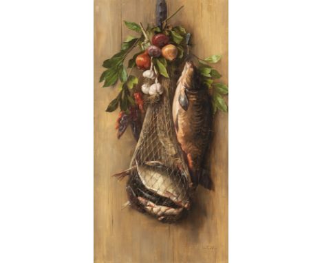 LUDWIG EIBL1842 - 1918Stillleben mit Karpfen Öl auf Leinwand. 102 x 54 cm (R. 110 x 61 cm). Signiert unten rechts 'L. Eibl.'.