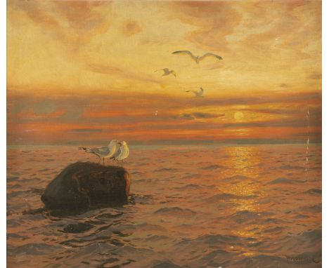 THOROLF HOLMBOE1866 Vefsn - 1935 OsloMeereslandschaft mit Mowen bei Sonnenuntergang Öl auf Leinwand. 65 x 77 cm (R. 81 x 91 c