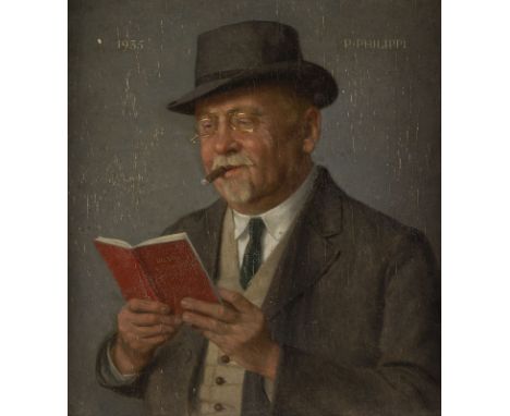 PETER PHILIPPI1866 Trier - 1958 DüsseldorfAmüsante Lectüre (1935) Öl auf Holz. 22 x 20 cm (R. 34 x 32 cm). Signiert und datie