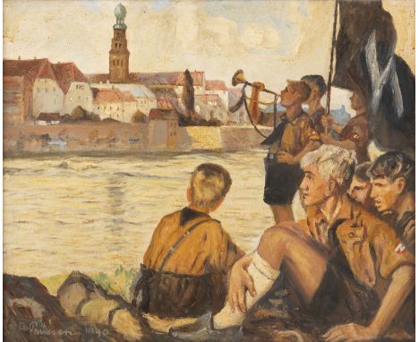 CLEMENS PRÜSSENKöln 1888 - 1966Hitlerjugend am Fluss (1940) Öl auf Leinwand. 51 x 63 cm (R. 67 x 78 cm). Signiert und datiert