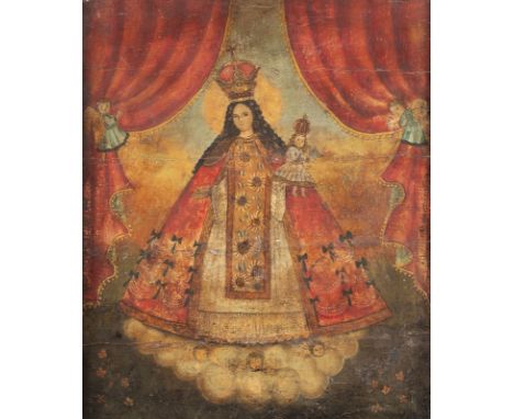 SCHULE VON CUSCO DES WOHL 18. JH.JUNGFRAU MIT DEM KIND UND ENGELN Öl auf Leinwand (doubl.). 55 x 46 cm (R. 77 x 68 cm). Part.