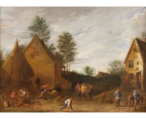 DAVID TENIERS DER JÜNGERE (ODER WERKSTATT)1610 Antwerpen - 1690 BrüsselDIE KEGELRUNDE VOR EINEM BÄUERLICHEM ANWESEN Öl auf Le