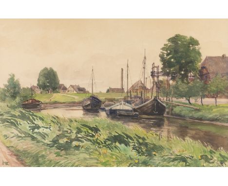 AMELIE RUTHS1871 Hamburg - 1956 ebendaKANALLANDSCHAFT IM FRÜHLING Aquarell auf Papier. SM 34 x 51,5 cm (R. 54 x 71 cm). Unten