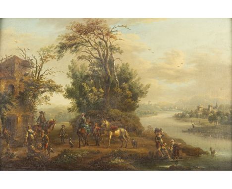 CHRISTIAN GEORG SCHÜTZ (ATTR.)1718 Flörsheim - 1791 Frankfurt/MainFLUSSLANDSCHAFT MIT WIRTSHAUS, WÄSCHERINNEN UND AUFBRECHEND