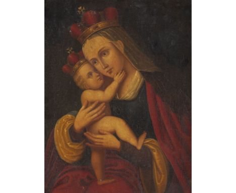 DEUTSCHE SCHULEdes 19. Jh.Madonna mit Christuskind Öl auf Metalltafel. 33 x 25 cm (R. 45 x 36 cm). Farbausbrüche. Rahmen.  Pr