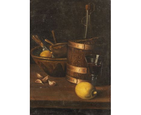 LUIS EUGENIO MELÉNDEZ (UMKREIS)1716 Neapel - 11. Juli 1780 MadridZWEI GEMÄLDE: STILLLEBEN MIT ZITRONE, KNOBLAUCH, WEINGLAS, S