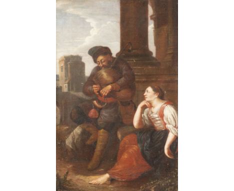BAMBOCCIANTI-SCHULE DES SPÄTEN 17.JH.HIRTENIDYLL MIT DUDELSACKSPIELER UND BÄUERIN Öl auf Leinwand (altdoubl.). 42,5 x 27,5 cm