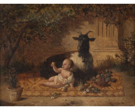 FEDERICO JIMÉNEZ Y FERNÁNDEZ1841 Madrid - 1931 HuescaBacchus Kind mit Ziege (1875) Öl auf Holz. 29,5 x 38,5 cm (R. 48 x 56 cm