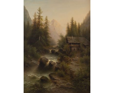 ALBERT RIEGER1834 Triest - 1905 WienGebirgswasserfall mit Mühle Öl auf Leinwand. 101 x 75 cm (R. 119 x 92 cm). Signiert unten