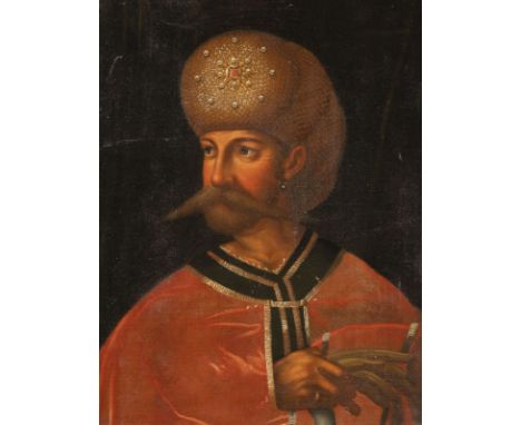 PORTRAITMALER IM STILE DES 16. JHPORTRAIT EINES SULTANS MIT TURBAN Öl auf Leinwand auf Platte maroufl. 81 x 62,5 cm (R. 95,5 