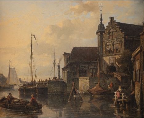 ELIAS PIETER VAN BOMMEL1819 - 1890Holländischer Hafen Öl auf Leinwand (altdoubl.). 40 x 48 cm (R. 57 x 65 cm). Am rechten Ran