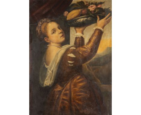 TIZIAN (EIGENTLICH: TIZIANO VECELLIO) (NACHFOLGER DES 19.JH.)Um 1488 Pieve di Cadore - 1576 VenedigMÄDCHEN MIT FRUCHTSCHALE Ö