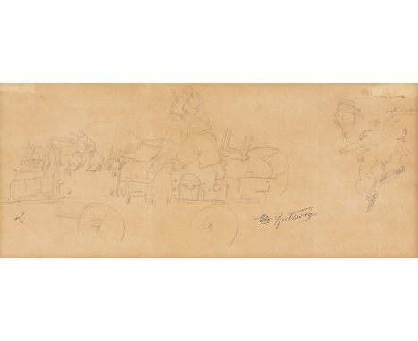 CARL SPITZWEG1808 München - 1885 ebendaSTUDIENBLATT MIT KARREN UND KOPF Bleistift auf Papier. SM 14 x 32,5 cm (R. 24 x 43 cm)