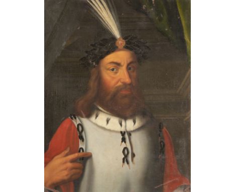 PORTRAITMALER IM STILE DES 16. JHPORTRAIT EINES MONARCHEN MIT LORBEERBEKRÄNZTEM HAUPT UND FEDERSCHMUCK MIT BROSCHE Öl auf Lei