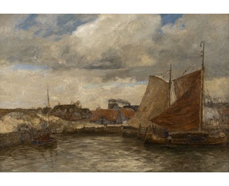 ANDREAS DIRKS1866 Sylt - 1922 DüsseldorfFischerboote im Hafen Öl auf Leinwand. 70 x 101 cm (R. 89 x 118 cm). Signier unten re