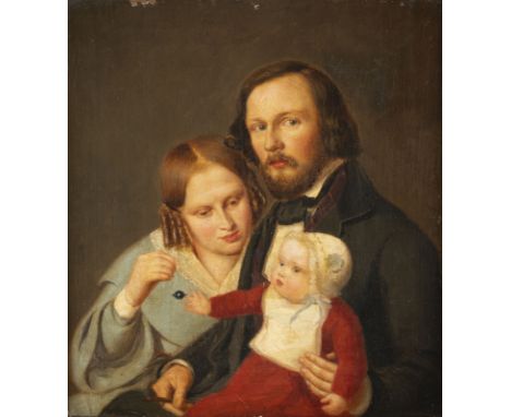 DEUTSCHMitte 19. Jh.Bildnis des Malers Richard Freytag mit Frau und Kind Öl auf Leinwand. 25 x 22,5 cm (R. 37 x 34x5 cm). Sch